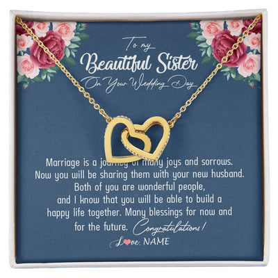 Interlocking Hearts Necklace 18K Yellow Gold Finish | Personalized To My Beautiful Sister Necklace On Her Wedding Day Congratulations Jewelry Sister Birthday Anniversary Christmas Customized Gift Box Message Card | siriusteestore