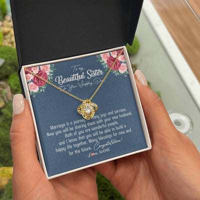 Love Knot Necklace 18K Yellow Gold Finish | Personalized To My Beautiful Sister Necklace On Her Wedding Day Congratulations Jewelry Sister Birthday Anniversary Christmas Customized Gift Box Message Card | siriusteestore