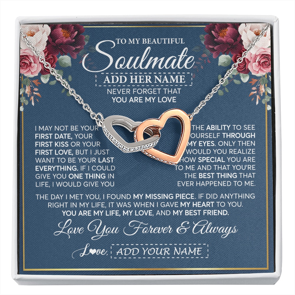 Interlocking Hearts Necklace Stainless Steel & Rose Gold Finish | 1 | Personalized To My Beautiful Soulmate Gift Necklace You Are My Love Gifts For Wife From Husband Wife Birthday Valentines Day Custom Gift Box Message Card | siriusteestore.myshopify