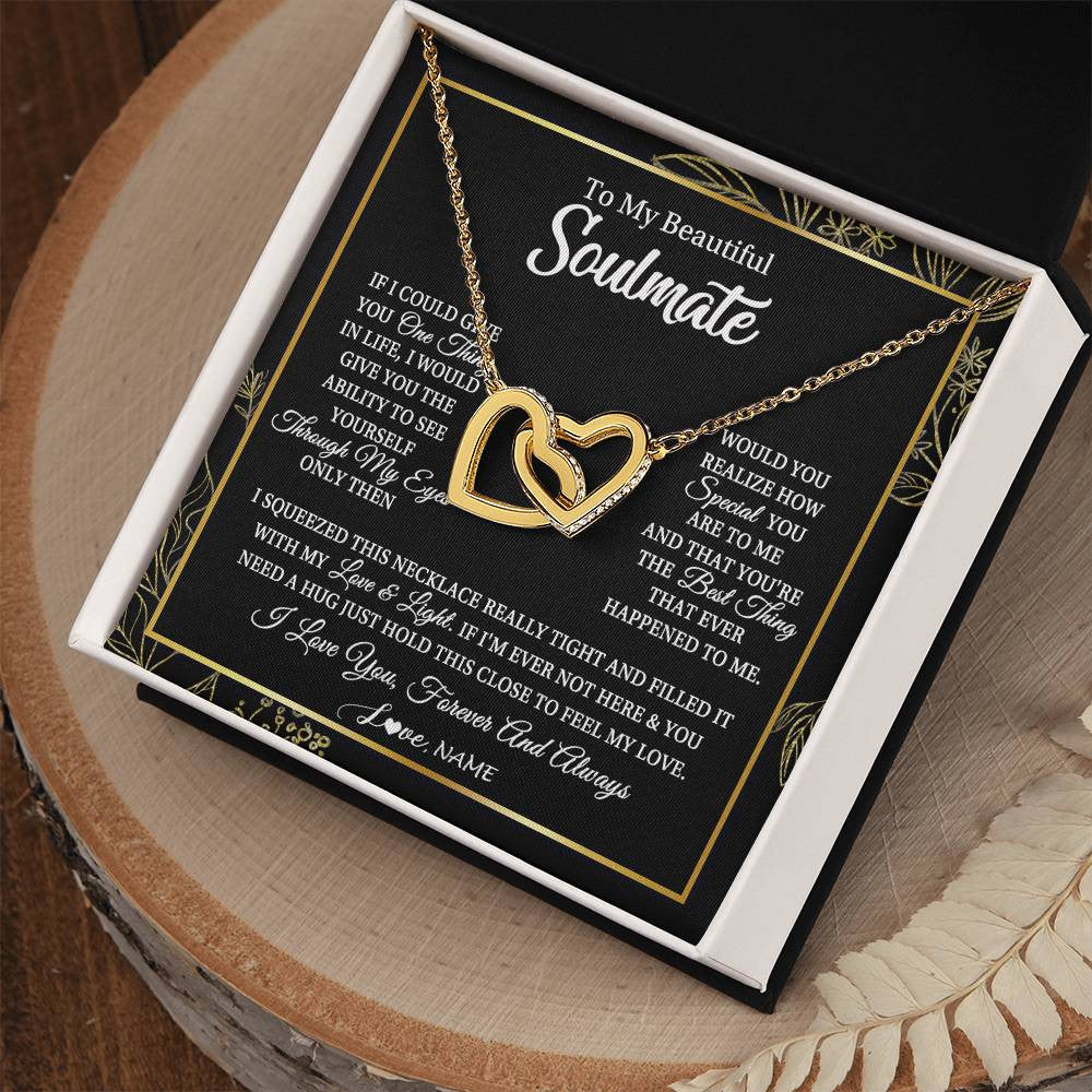 Interlocking Hearts Necklace 18K Yellow Gold Finish | Personalized To My Beautiful Soulmate Necklace From Husband Boyfriend Feel My Love For Her Future Wife Girlfriend Birthday Anniversary Customized Message Card | siriusteestore