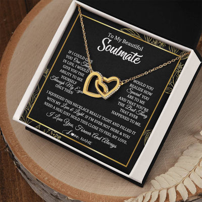 Interlocking Hearts Necklace 18K Yellow Gold Finish | Personalized To My Beautiful Soulmate Necklace From Husband Boyfriend Feel My Love For Her Future Wife Girlfriend Birthday Anniversary Customized Message Card | siriusteestore