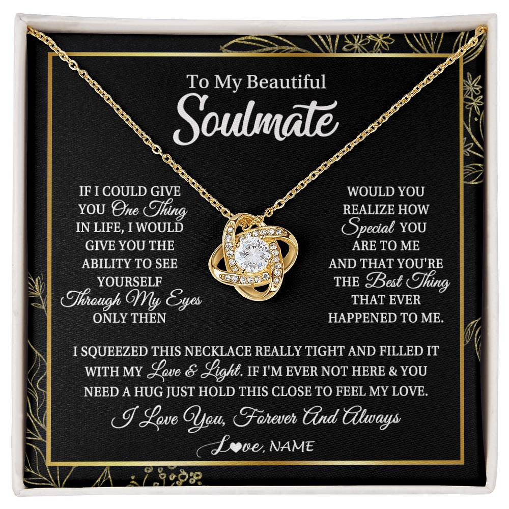 Love Knot Necklace 18K Yellow Gold Finish | Personalized To My Beautiful Soulmate Necklace From Husband Boyfriend Feel My Love For Her Future Wife Girlfriend Birthday Anniversary Customized Message Card | siriusteestore