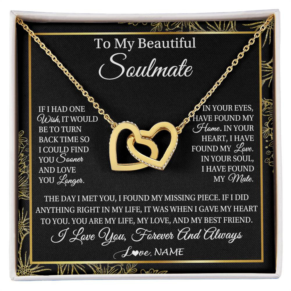 Interlocking Hearts Necklace 18K Yellow Gold Finish | Personalized To My Beautiful Soulmate Necklace From Husband Romantic Gifts Future Wife Birthday Anniversary Jewelry Christmas Customized Gift Box Message Card | siriusteestore