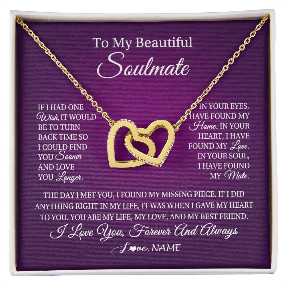 Interlocking Hearts Necklace 18K Yellow Gold Finish | Personalized To My Beautiful Soulmate Necklace Gift From Husband Romantic Gifts For Future Wife Birthday Anniversary Christmas Customized Gift Box Message Card | siriusteestore