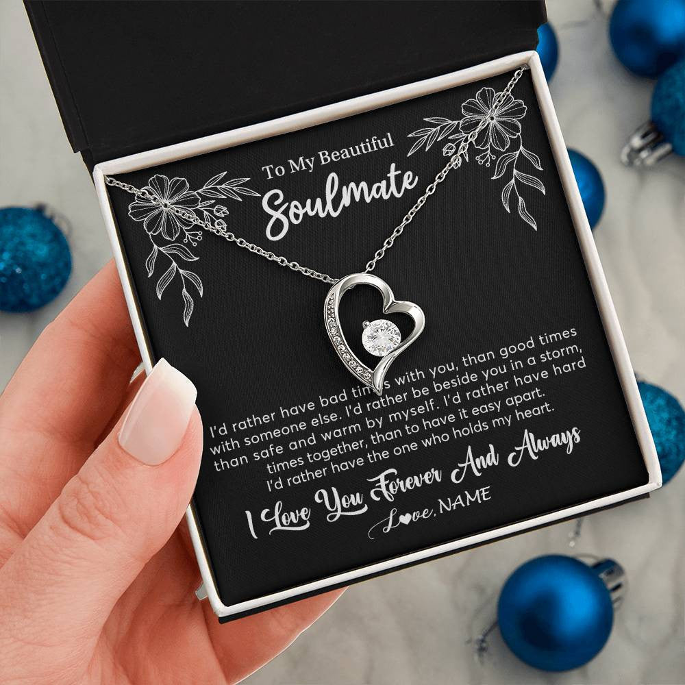 Forever Love Necklace 14K White Gold Finish | 2 | Personalized To My Beautiful Soulmate Necklace Gifts From Husband I'd Rather Soulmate Birthday Anniversary Valentines Day Customized Gift Box Message Card | siriusteestore