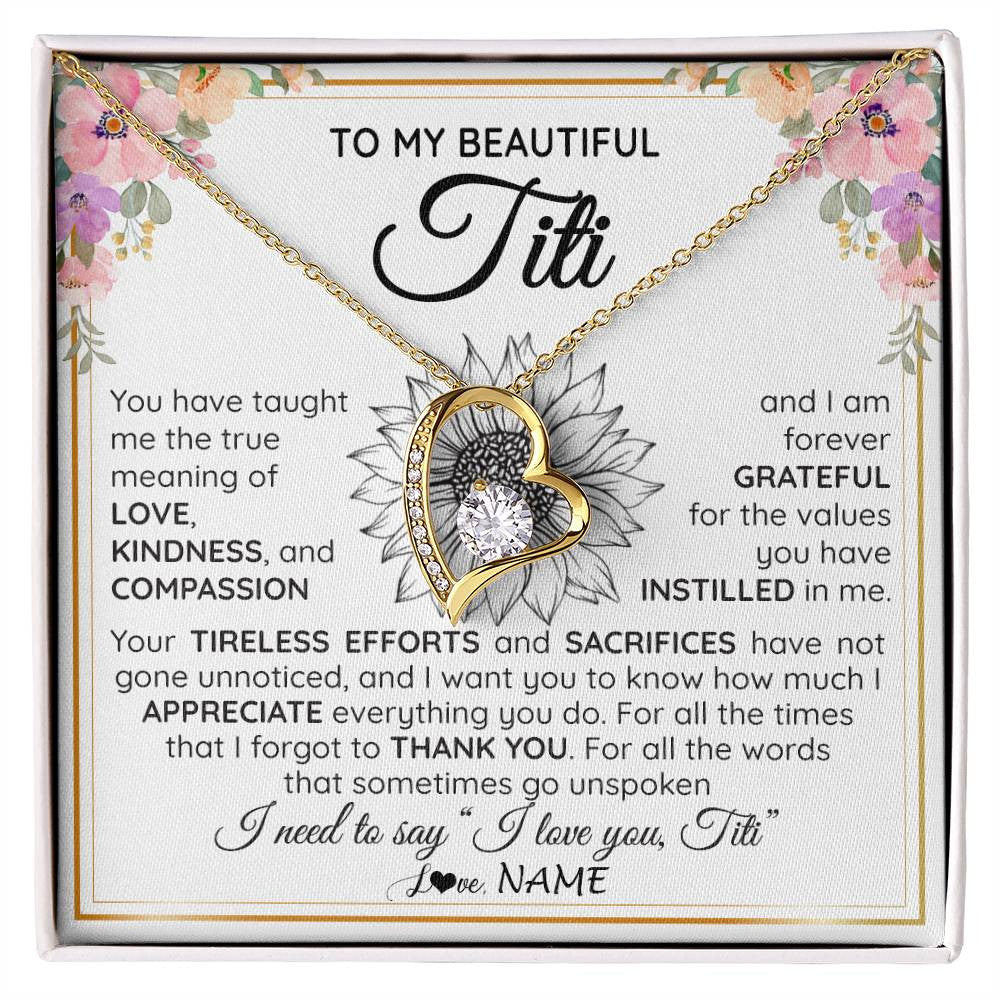 Forever Love Necklace 18K Yellow Gold Finish | Personalized To My Beautiful Titi From Niece Nephew Necklace Say I Love You Titi Birthday Mothers Day Christmas Jewelry Customized Gift Box Message Card | siriusteestore