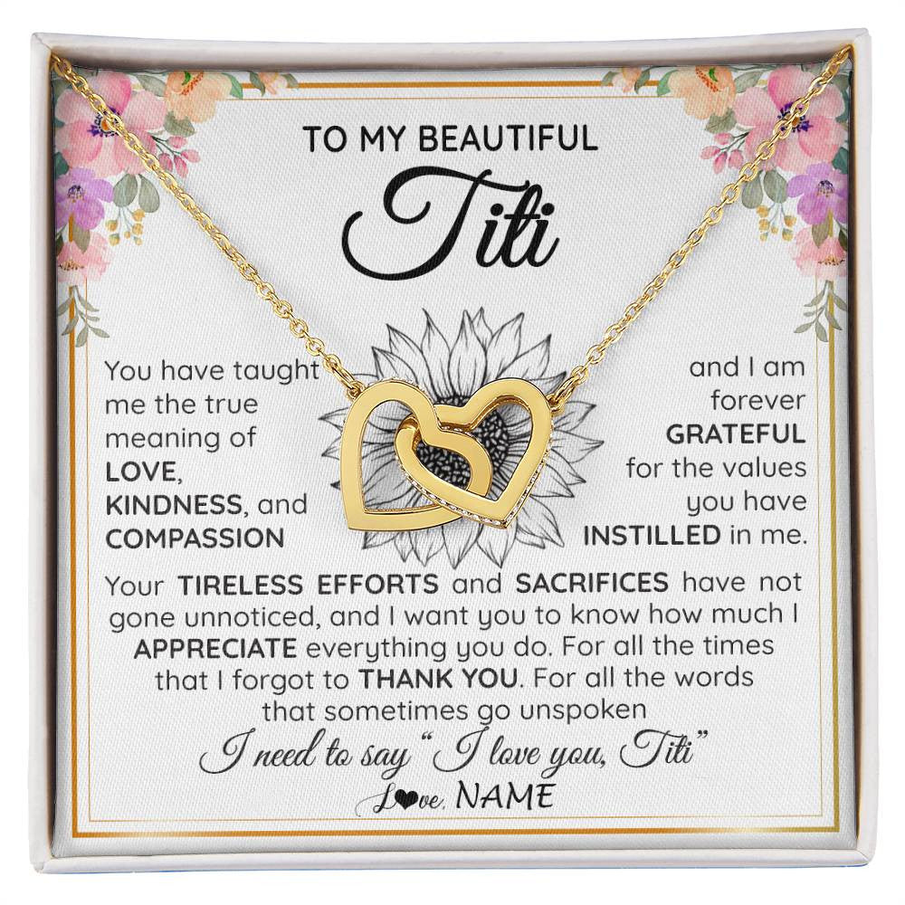 Interlocking Hearts Necklace 18K Yellow Gold Finish | Personalized To My Beautiful Titi From Niece Nephew Necklace Say I Love You Titi Birthday Mothers Day Christmas Jewelry Customized Gift Box Message Card | siriusteestore