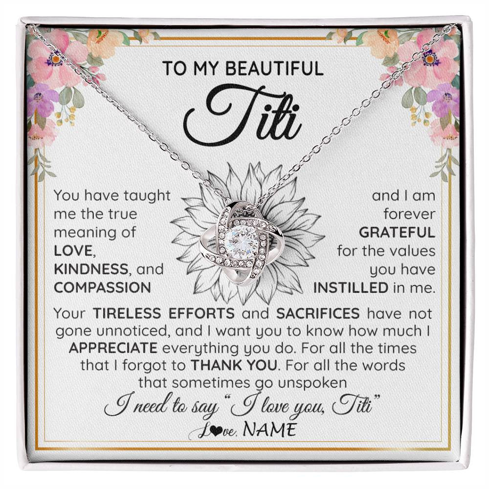 Love Knot Necklace 14K White Gold Finish | Personalized To My Beautiful Titi From Niece Nephew Necklace Say I Love You Titi Birthday Mothers Day Christmas Jewelry Customized Gift Box Message Card | siriusteestore
