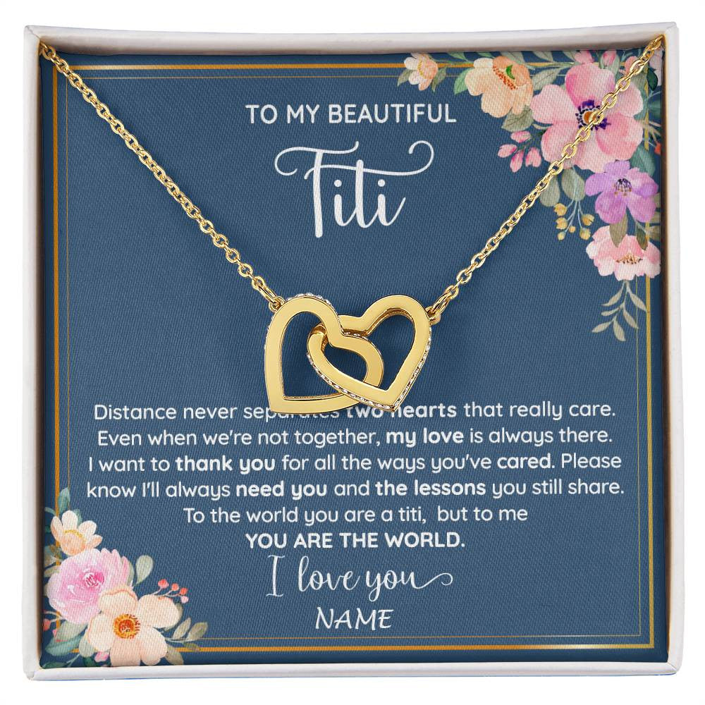 Interlocking Hearts Necklace 18K Yellow Gold Finish | 1 | Personalized To My Beautiful Titi Necklace From Niece Nephew You Are The World Titi Birthday Mothers Day Christmas Jewelry Customized Gift Box Message Card | siriusteestore