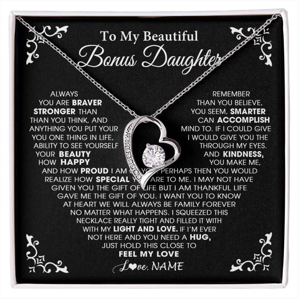 Forever Love Necklace 14K White Gold Finish | 1 | Personalized To My Beautiful Unbiological Bonus Daughter Necklace From Stepdad Stepmom Heart Stepdaughter Birthday Christmas Customized Gift Box Message Card | siriusteestore