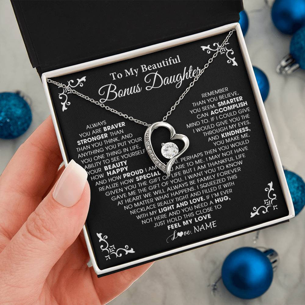 Forever Love Necklace 14K White Gold Finish | 2 | Personalized To My Beautiful Unbiological Bonus Daughter Necklace From Stepdad Stepmom Heart Stepdaughter Birthday Christmas Customized Gift Box Message Card | siriusteestore