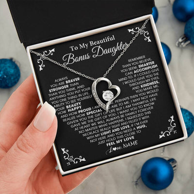 Forever Love Necklace 14K White Gold Finish | 2 | Personalized To My Beautiful Unbiological Bonus Daughter Necklace From Stepdad Stepmom Heart Stepdaughter Birthday Christmas Customized Gift Box Message Card | siriusteestore