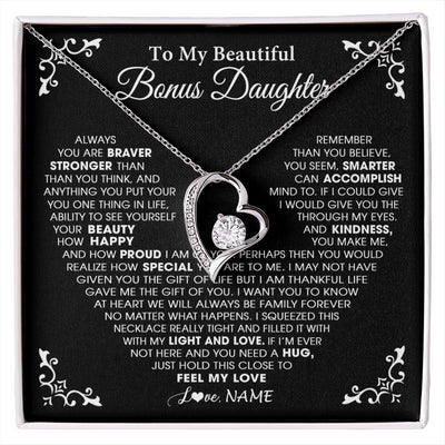 Forever Love Necklace 14K White Gold Finish | 1 | Personalized To My Beautiful Unbiological Bonus Daughter Necklace From Stepdad Stepmom Heart Stepdaughter Birthday Christmas Customized Gift Box Message Card | siriusteestore