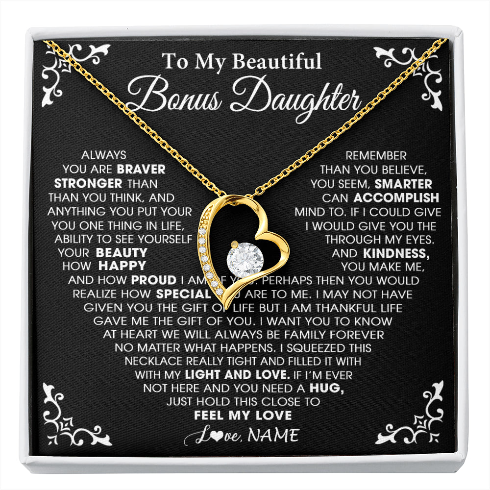 Forever Love Necklace 18K Yellow Gold Finish | 1 | Personalized To My Beautiful Unbiological Bonus Daughter Necklace From Stepdad Stepmom Heart Stepdaughter Birthday Christmas Customized Gift Box Message Card | siriusteestore