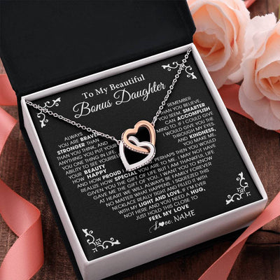 Interlocking Hearts Necklace Stainless Steel & Rose Gold Finish | 2 | Personalized To My Beautiful Unbiological Bonus Daughter Necklace From Stepdad Stepmom Heart Stepdaughter Birthday Christmas Customized Gift Box Message Card | siriusteestore