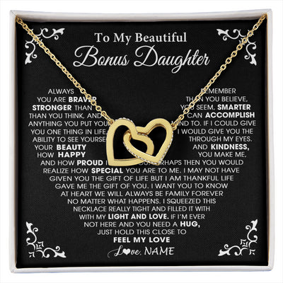 Interlocking Hearts Necklace 18K Yellow Gold Finish | 1 | Personalized To My Beautiful Unbiological Bonus Daughter Necklace From Stepdad Stepmom Heart Stepdaughter Birthday Christmas Customized Gift Box Message Card | siriusteestore