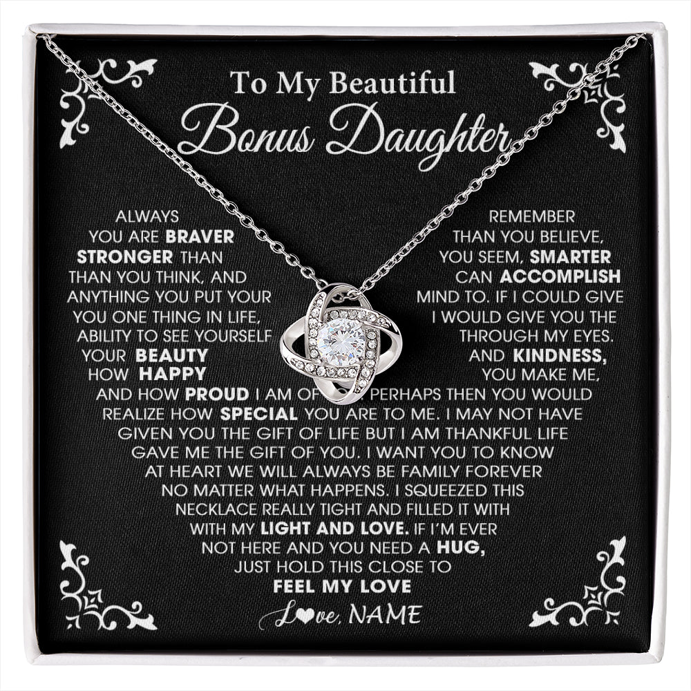 Love Knot Necklace 14K White Gold Finish | 1 | Personalized To My Beautiful Unbiological Bonus Daughter Necklace From Stepdad Stepmom Heart Stepdaughter Birthday Christmas Customized Gift Box Message Card | siriusteestore