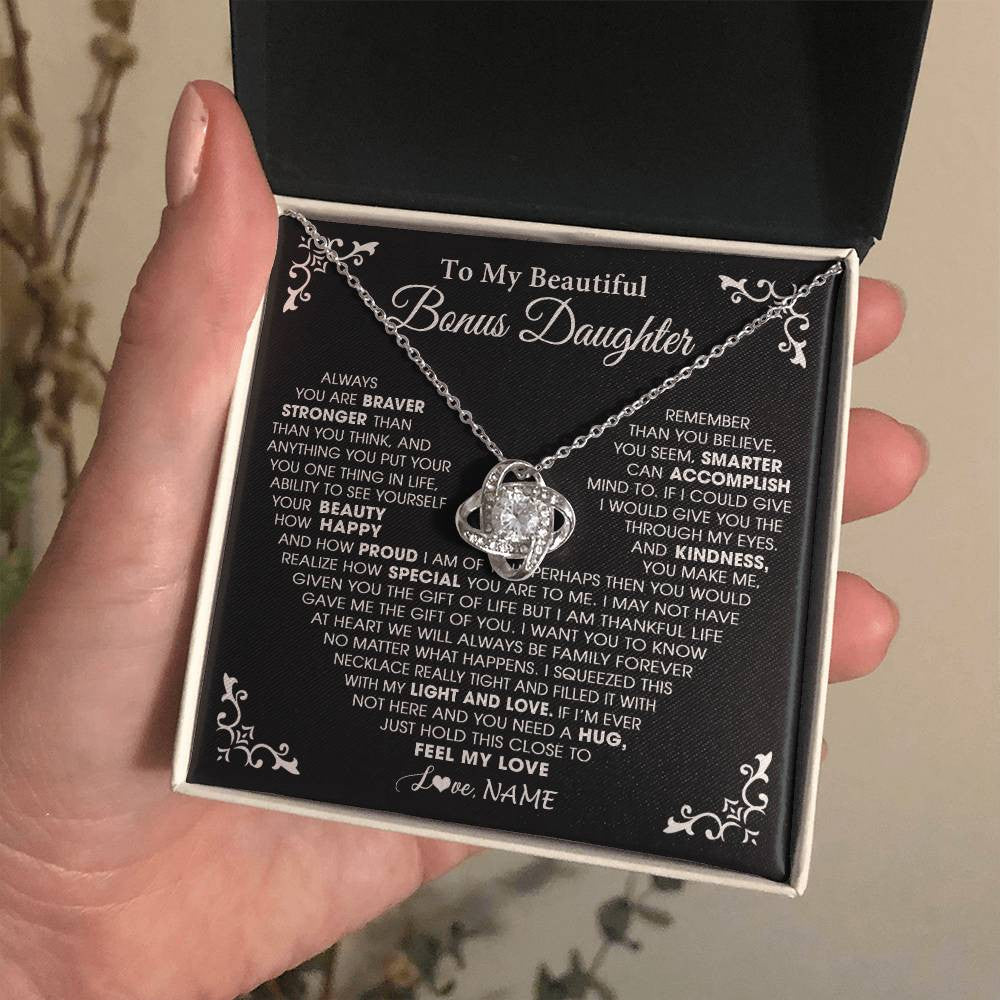 Love Knot Necklace 14K White Gold Finish | 2 | Personalized To My Beautiful Unbiological Bonus Daughter Necklace From Stepdad Stepmom Heart Stepdaughter Birthday Christmas Customized Gift Box Message Card | siriusteestore