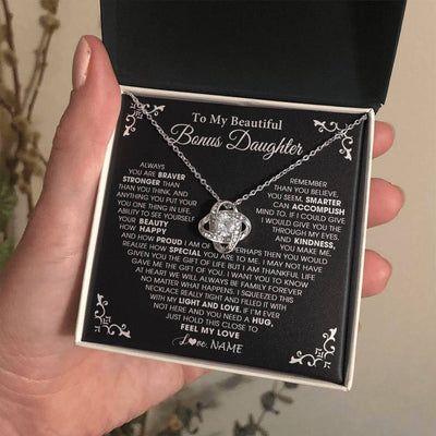 Love Knot Necklace 14K White Gold Finish | 2 | Personalized To My Beautiful Unbiological Bonus Daughter Necklace From Stepdad Stepmom Heart Stepdaughter Birthday Christmas Customized Gift Box Message Card | siriusteestore