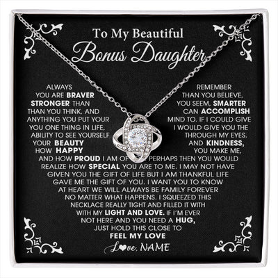 Love Knot Necklace 14K White Gold Finish | 1 | Personalized To My Beautiful Unbiological Bonus Daughter Necklace From Stepdad Stepmom Heart Stepdaughter Birthday Christmas Customized Gift Box Message Card | siriusteestore