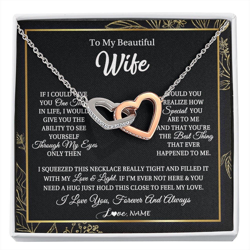 Interlocking Hearts Necklace Stainless Steel & Rose Gold Finish | 1 | Personalized To My Beautiful Wife Necklace From Husband Feel My Love For Her Wife Birthday Anniversary Wedding Valentines Christmas Customized Message Card | https://siriusteestore.