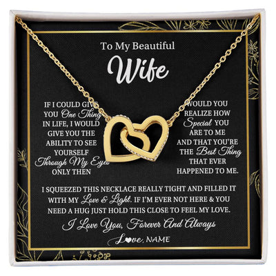 Interlocking Hearts Necklace 18K Yellow Gold Finish | Personalized To My Beautiful Wife Necklace From Husband Feel My Love For Her Wife Birthday Anniversary Wedding Valentines Day Christmas Customized Message Card | siriusteestore