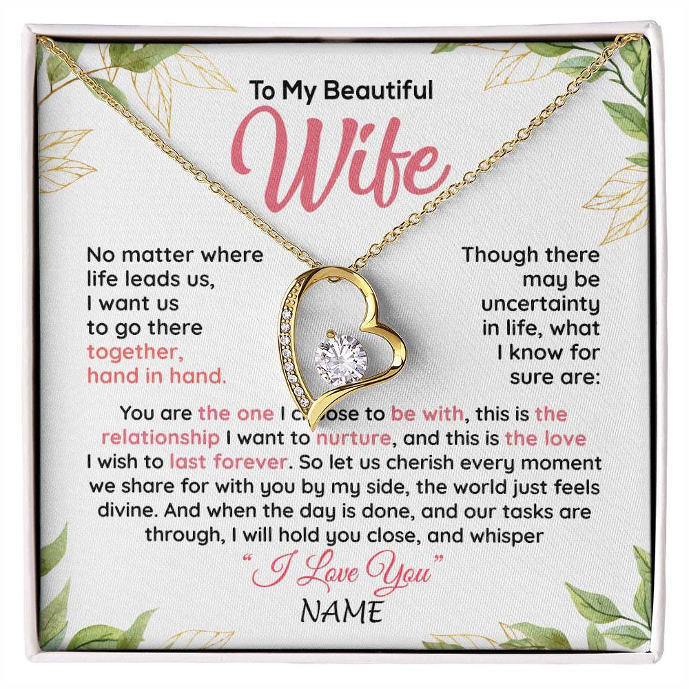 Forever Love Necklace 18K Yellow Gold Finish | 1 | Personalized To My Beautiful Wife Necklace From Husband Hand In Hand Wife Birthday Anniversary Valentines Day Christmas Customized Gift Box Message Card | siriusteestore