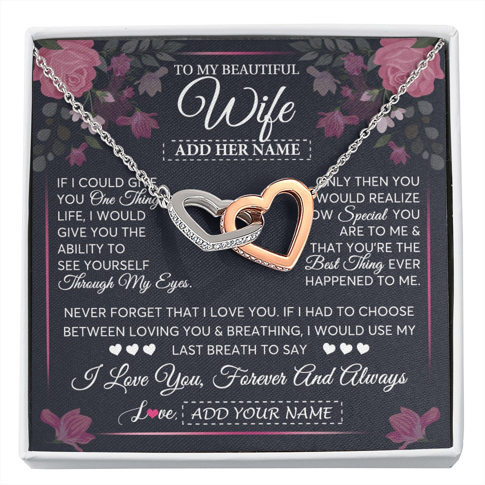 Interlocking Hearts Necklace Stainless Steel & Rose Gold Finish | 1 | Personalized To My Beautiful Wife Necklace From Husband I Love You Wife Gifts Romantic Valentines Birthday For Her Christmas Custom Gift Box Message Card | siriusteestore.myshopify