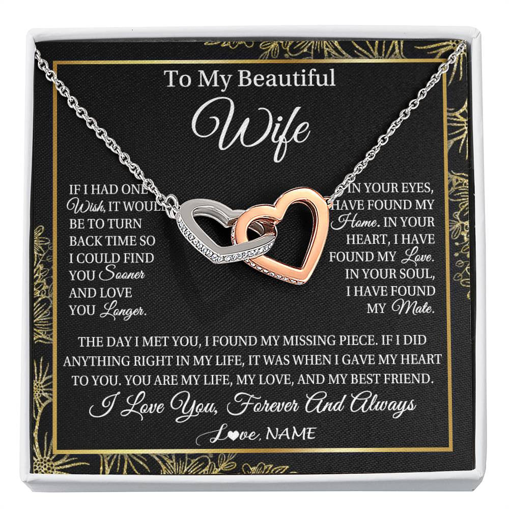 Interlocking Hearts Necklace Stainless Steel & Rose Gold Finish | Personalized To My Beautiful Wife Necklace From Husband Romantic Gifts Wife Birthday Anniversary Jewelry Valentines Christmas Customized Gift Box Message Card | siriusteestore