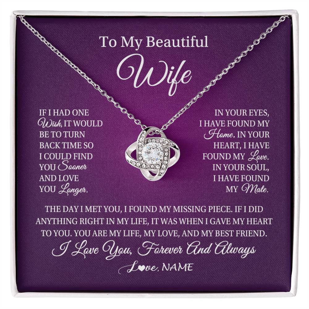 Love Knot Necklace 14K White Gold Finish | Personalized To My Beautiful Wife Necklace Gift From Husband Romantic Gifts For Wife Birthday Anniversary Valentines Christmas Customized Gift Box Message Card | siriusteestore