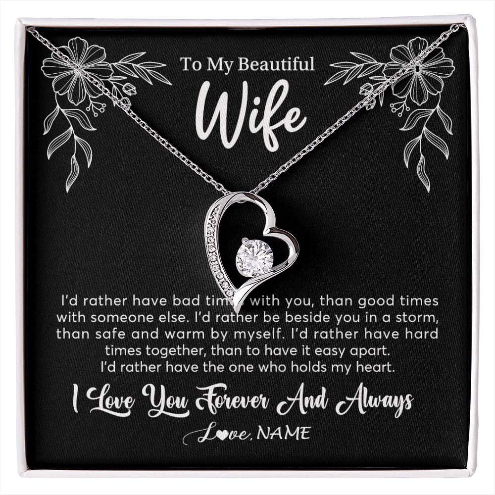 Forever Love Necklace 14K White Gold Finish | 1 | Personalized To My Beautiful Wife Necklace Gifts From Husband I'd Rather Hot Wife Birthday Anniversary Wedding Valentines Day Customized Gift Box Message Card | siriusteestore