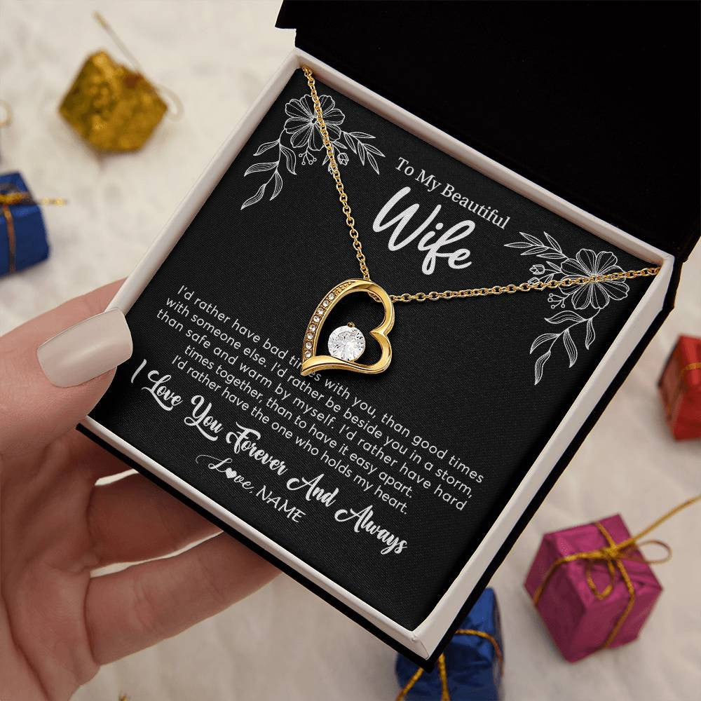 Forever Love Necklace 18K Yellow Gold Finish | 2 | Personalized To My Beautiful Wife Necklace Gifts From Husband I'd Rather Hot Wife Birthday Anniversary Wedding Valentines Day Customized Gift Box Message Card | siriusteestore