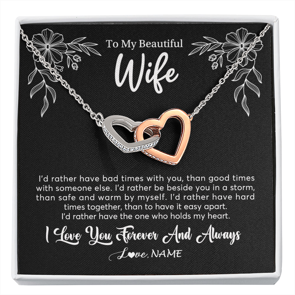 Interlocking Hearts Necklace Stainless Steel & Rose Gold Finish | 1 | Personalized To My Beautiful Wife Necklace Gifts From Husband I'd Rather Hot Wife Birthday Anniversary Wedding Valentines Day Customized Gift Box Message Card | siriusteestore