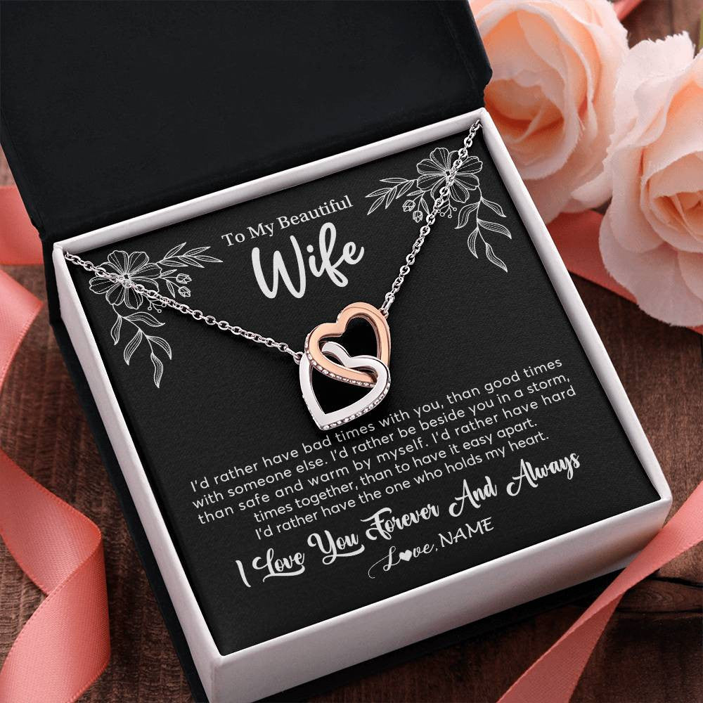 Interlocking Hearts Necklace Stainless Steel & Rose Gold Finish | 2 | Personalized To My Beautiful Wife Necklace Gifts From Husband I'd Rather Hot Wife Birthday Anniversary Wedding Valentines Day Customized Gift Box Message Card | siriusteestore