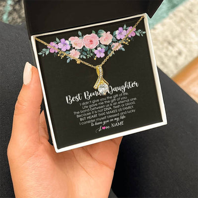 Alluring Beauty Necklace 18K Yellow Gold Finish | Personalized To My Best Bonus Daughter Necklace From Bonus Mom Life Gave Me The Gift Of You Step Daughter Jewelry Birthday Christmas Customized Message Card | siriusteestore