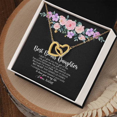 Interlocking Hearts Necklace 18K Yellow Gold Finish | Personalized To My Best Bonus Daughter Necklace From Bonus Mom Life Gave Me The Gift Of You Step Daughter Jewelry Birthday Christmas Customized Message Card | siriusteestore
