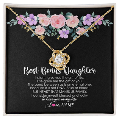 Love Knot Necklace 18K Yellow Gold Finish | Personalized To My Best Bonus Daughter Necklace From Bonus Mom Life Gave Me The Gift Of You Step Daughter Jewelry Birthday Christmas Customized Message Card | siriusteestore