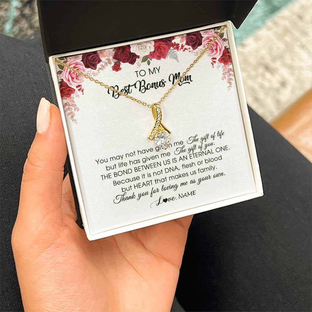 Alluring Beauty Necklace 18K Yellow Gold Finish | Personalized To My Best Bonus Mom Necklace from Daughter Thank You For Loving Me Stepmom Jewelry Birthday Mothers Day Christmas Customized Message Card | siriusteestore