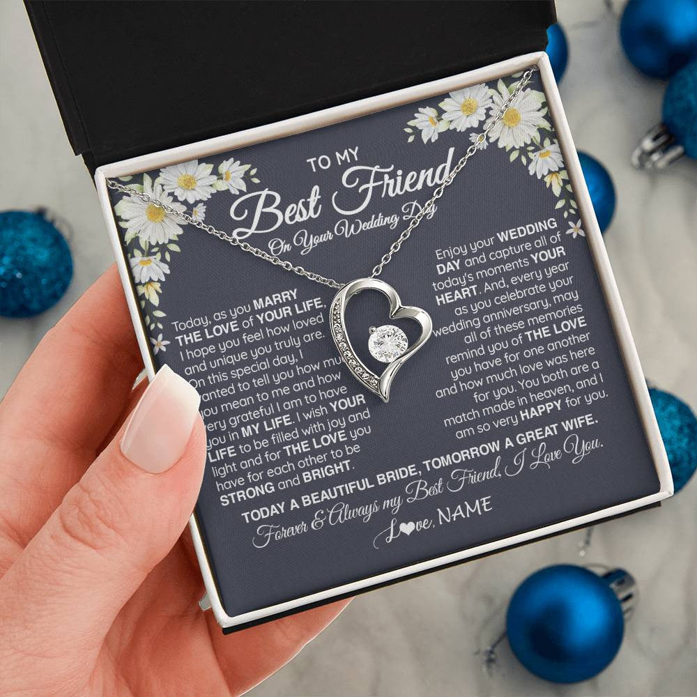 Forever Love Necklace 14K White Gold Finish | 2 | Personalized To My Best Friend On Her Wedding Day Necklace Bride Gifts From Maid Of Honor Always My Best Friend Gifts Jewelry Customized Gift Box Message Card | siriusteestore