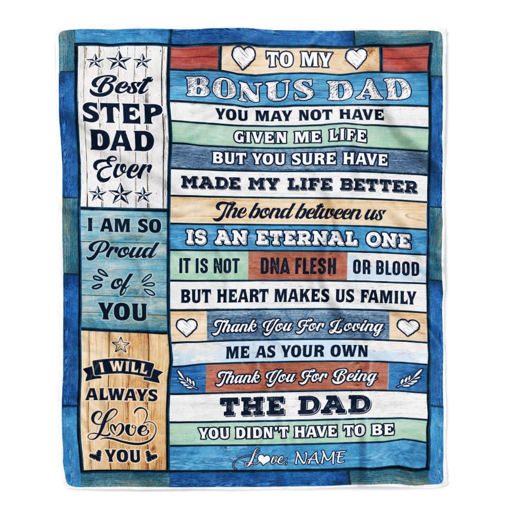Personalized To My Bonus Dad Blanket From Step Daughter Son Wood Best Gifts For Great Stepdad Birthday Fathers Day Christmas Customized Fleece Throw Blanket | siriusteestore