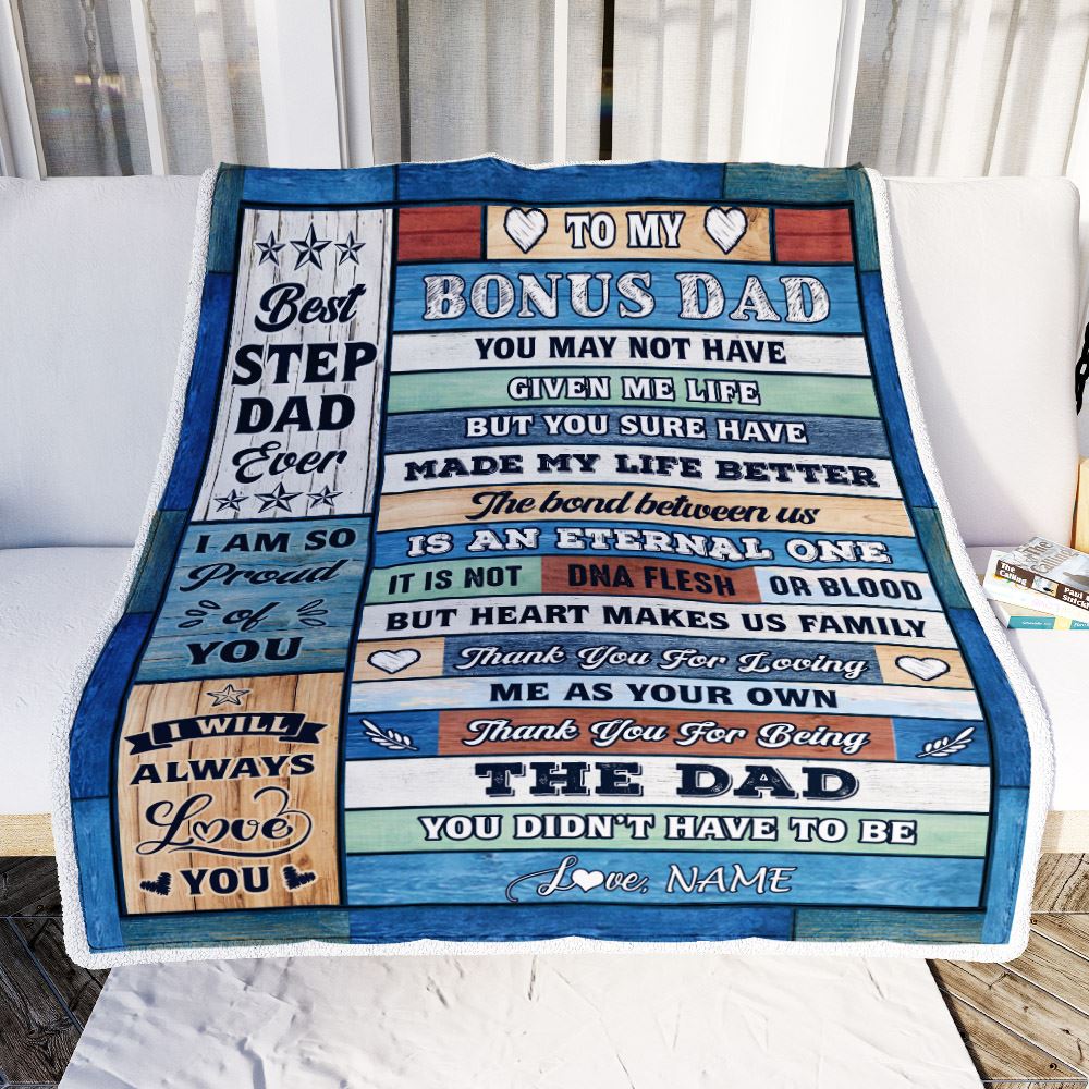 Personalized To My Bonus Dad Blanket From Step Daughter Son Wood Best Gifts For Great Stepdad Birthday Fathers Day Christmas Customized Fleece Throw Blanket | siriusteestore
