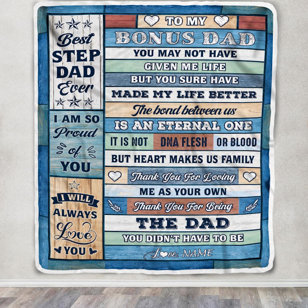 Personalized To My Bonus Dad Blanket From Step Daughter Son Wood Best Gifts For Great Stepdad Birthday Fathers Day Christmas Customized Fleece Throw Blanket | siriusteestore