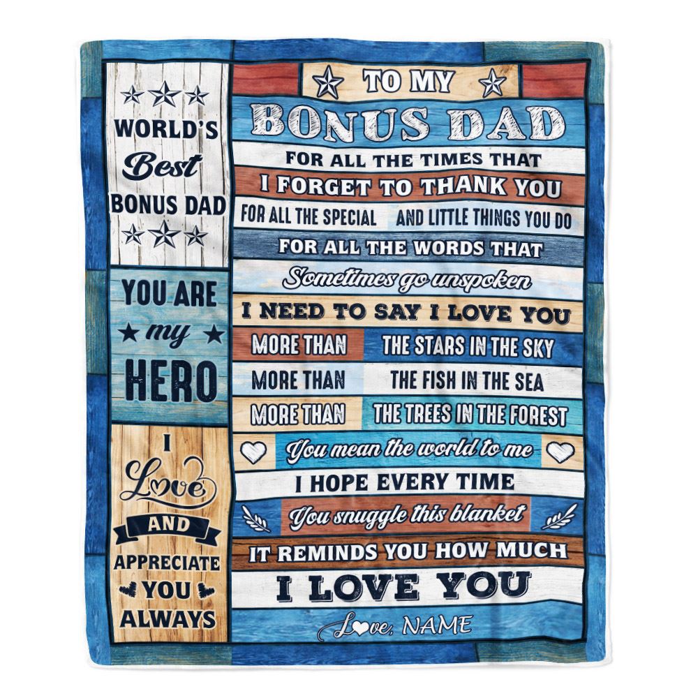 Personalized To My Bonus Dad Blanket From Stepson Stepdaughter Wood Best Gifts For Great Stepdad Birthday Fathers Day Christmas Customized Fleece Blanket | siriusteestore