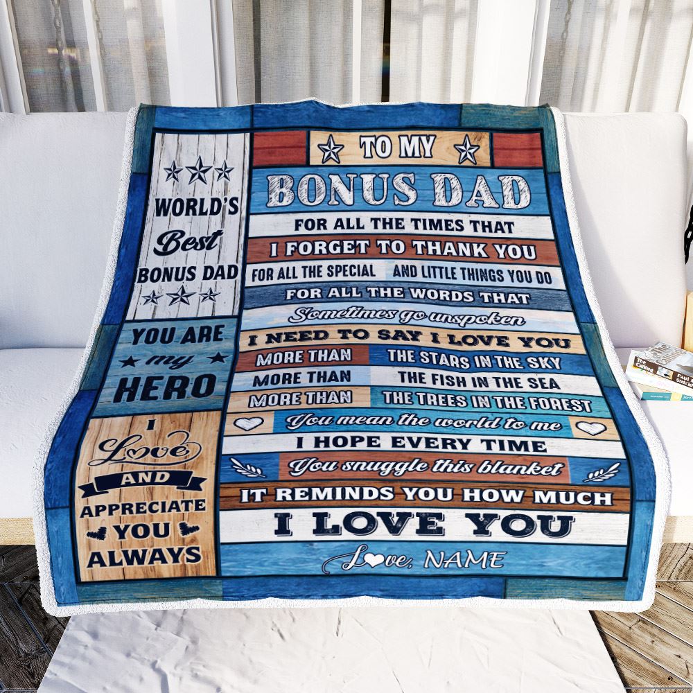 Personalized To My Bonus Dad Blanket From Stepson Stepdaughter Wood Best Gifts For Great Stepdad Birthday Fathers Day Christmas Customized Fleece Blanket | siriusteestore