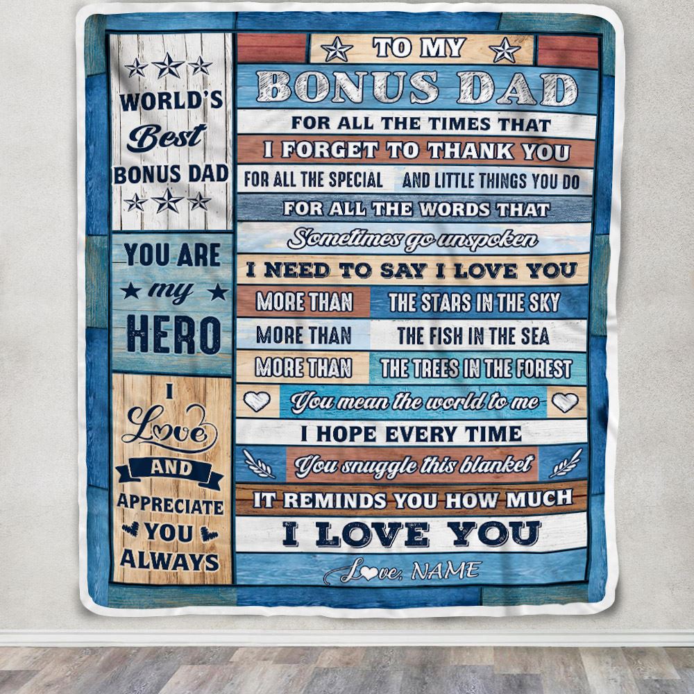 Personalized To My Bonus Dad Blanket From Stepson Stepdaughter Wood Best Gifts For Great Stepdad Birthday Fathers Day Christmas Customized Fleece Blanket | siriusteestore