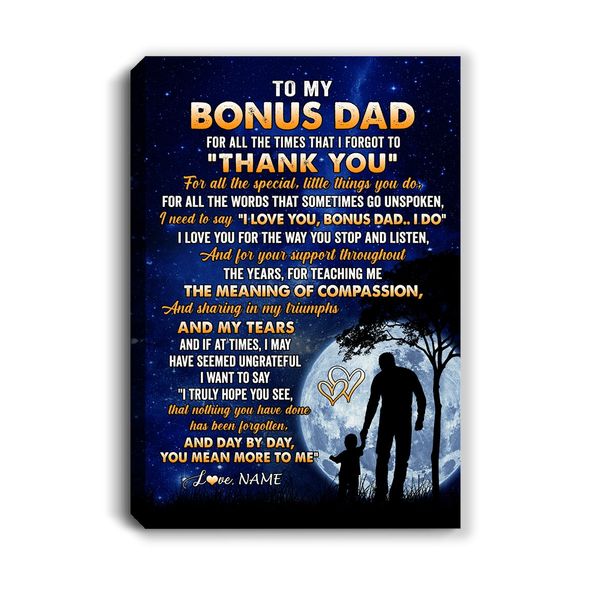 Personalized To My Bonus Dad Canvas From Stepdaughter Stepson Thank You Grateful Love Stepdad Birthday Gifts Fathers Day Christmas Custom Wall Art Print Framed Canvas | siriusteestore