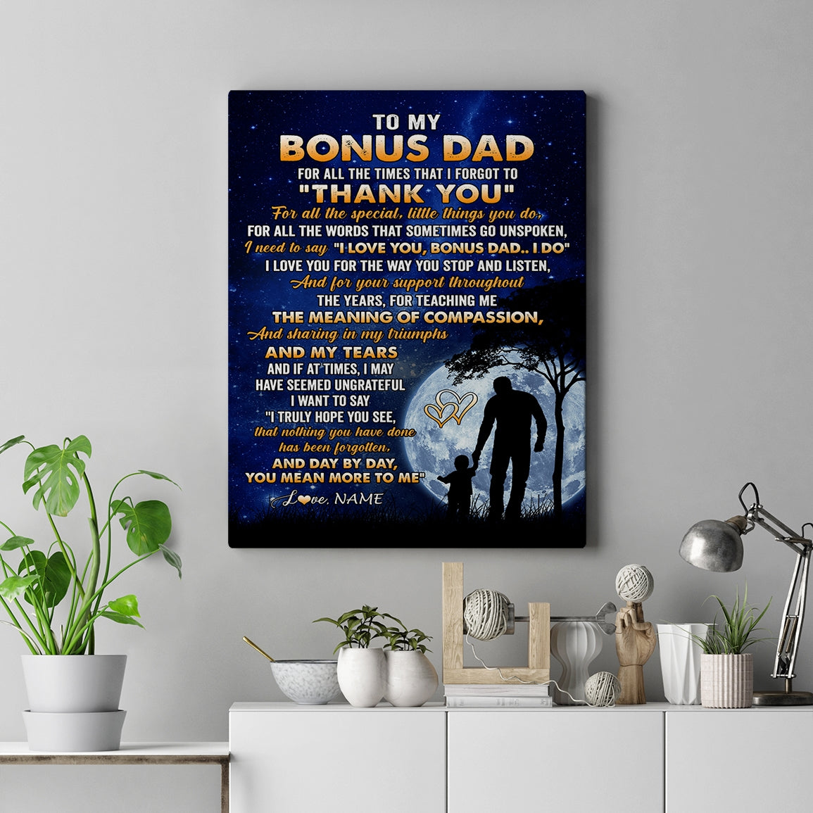 Personalized To My Bonus Dad Canvas From Stepdaughter Stepson Thank You Grateful Love Stepdad Birthday Gifts Fathers Day Christmas Custom Wall Art Print Framed Canvas | siriusteestore