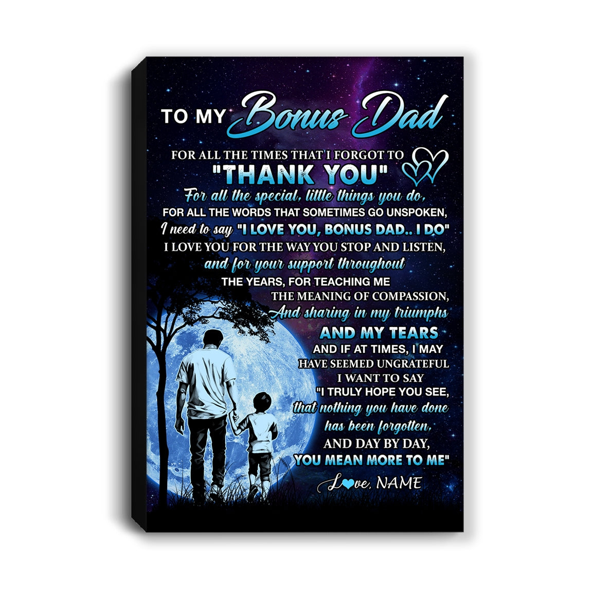 Personalized To My Bonus Dad Canvas From Stepson Thank You Day By Day Stepdad Birthday Fathers Day Thanksgiving Christmas Custom Wall Art Print Framed Canvas | siriusteestore