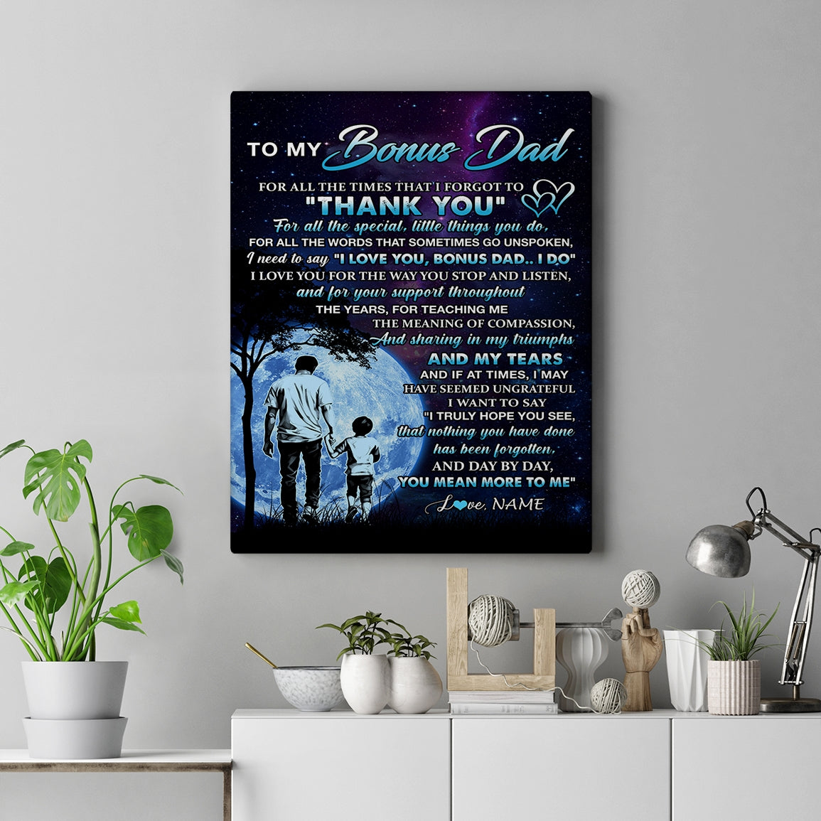 Personalized To My Bonus Dad Canvas From Stepson Thank You Day By Day Stepdad Birthday Fathers Day Thanksgiving Christmas Custom Wall Art Print Framed Canvas | siriusteestore