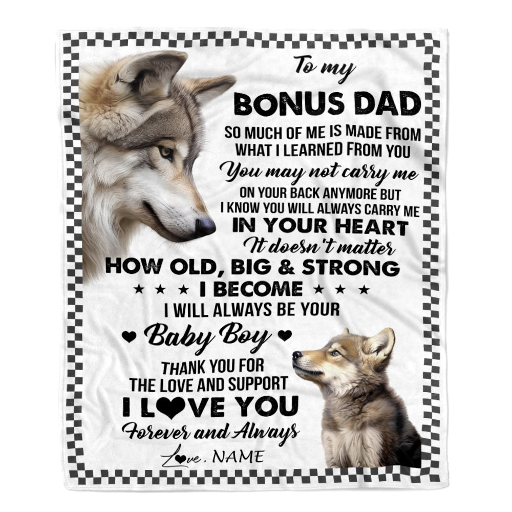 Personalized To My Bonus Dad From Step Son Blanket Wolf Always Be Your Little Boy Stepdad Mothers Day Birthday Christmas Gift Customized Fleece Throw Blanket | siriusteestore